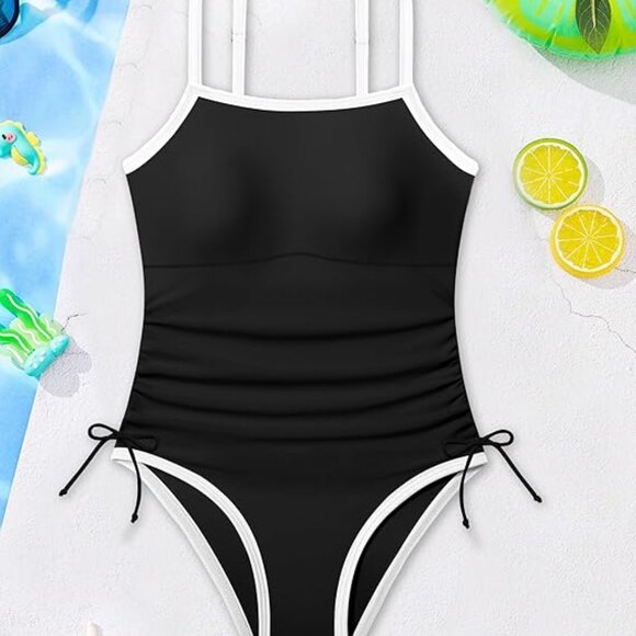 Girls Swimsuit One Piece Bathing Suit Color Block Black/White Size 11-12 years - Picture 7 of 7